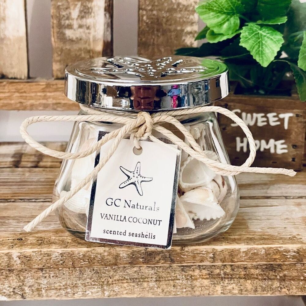 NWT GC Naturals VANILLA COCONUT scented seashells Decorative Glass Aroma Jar